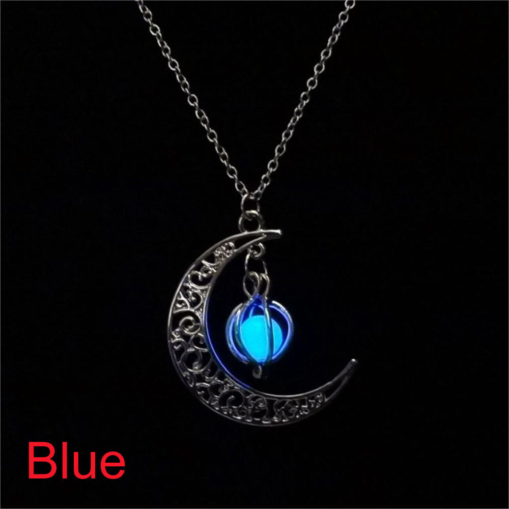 Glow In The Dark Luminous Necklace Moon&Pumpkin Pendant Silver Plated. BLUE